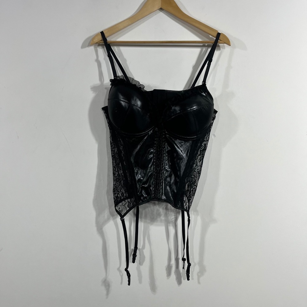 Black Lace & Satin Bustier with Garter Straps - Women Intimates